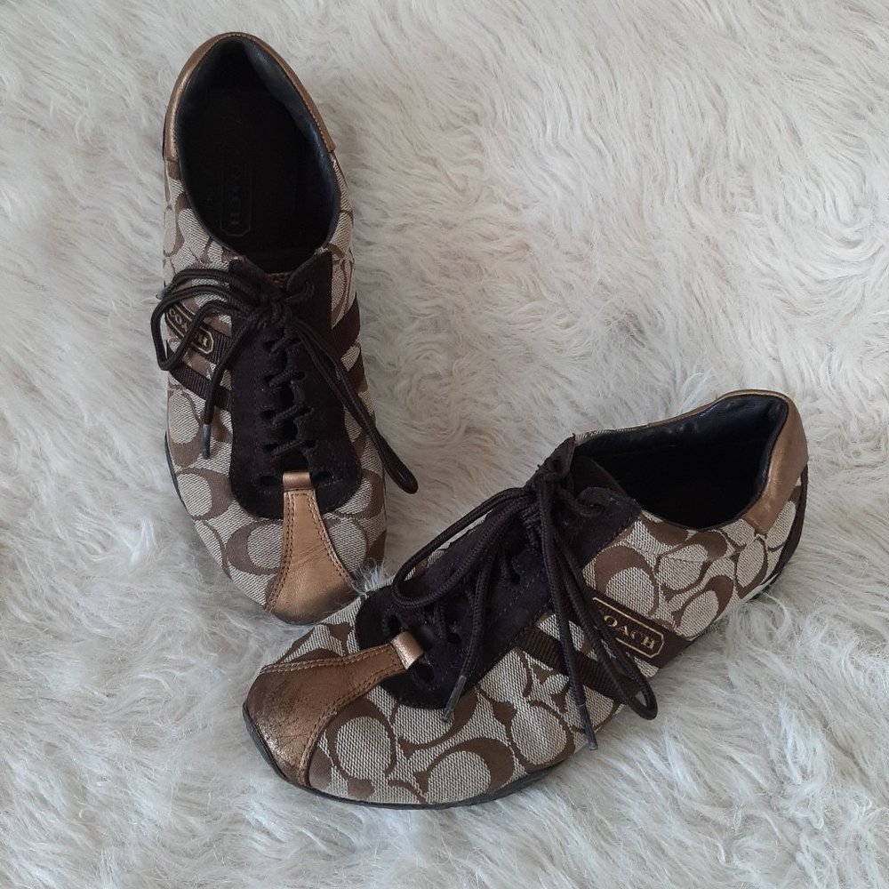 Coach Women's Metallic Gold and Brown Signature Lace Up Sneakers Size: 7.5M